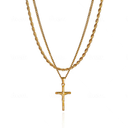 Cross Pendant Necklace X Rope Chain Full Set - Gold