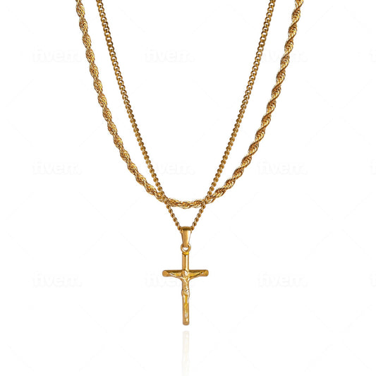 Cross Pendant Necklace X Rope Chain Full Set - Gold